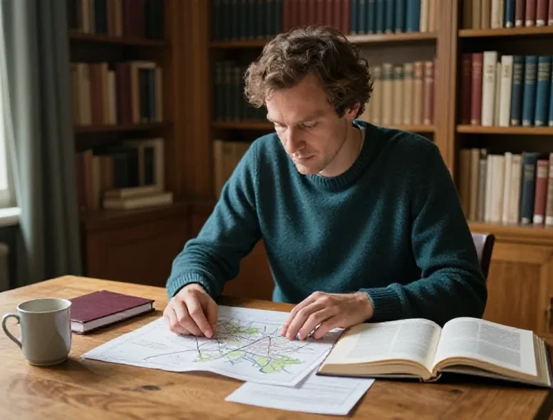 Un chercheur étudie divers ouvrages dans une bibliothèque pour explorer différentes perspectives du monde.