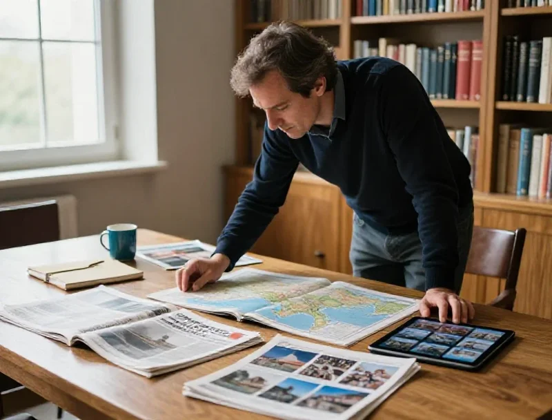 Un homme consulte divers supports d'information dans une bibliothèque pour croiser les perspectives mondiales.