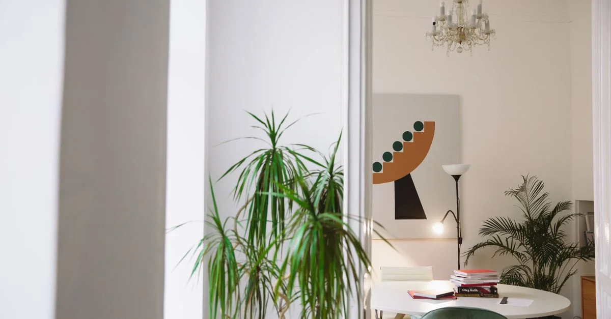 Intérieur d'appartement élégant avec art moderne et plantes d'intérieur luxuriantes.
