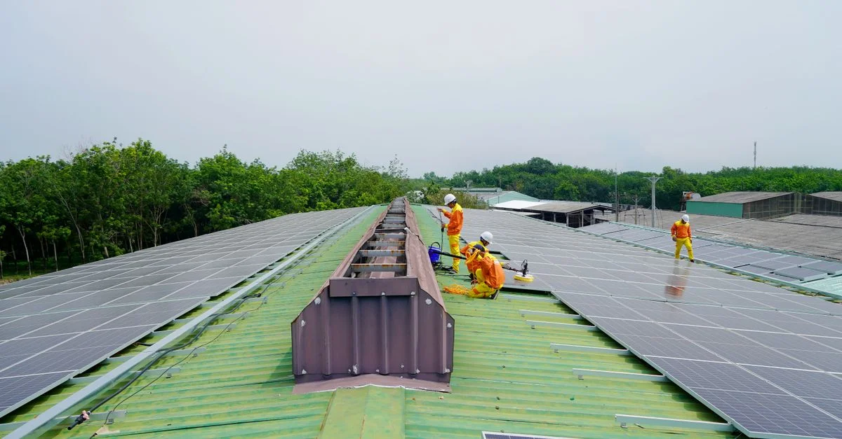 Équipe installant des panneaux solaires sur un grand toit sous un ciel dégagé, promouvant l'énergie renouvelable.