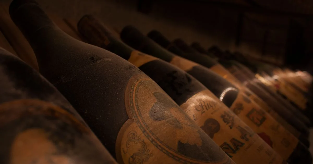 Une rangée de bouteilles de vin anciennes poussiéreuses dans une cave faiblement éclairée, témoignant de leur âge et de leur rareté.